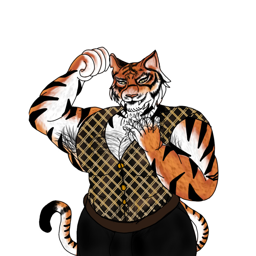 anthro armpit_hair body_hair chest_hair clothed clothing epic_games felid flexing flexing_bicep fortnite hi_res jim0 male mammal markings oscar_(fortnite) pantherine solo striped_markings stripes tiger