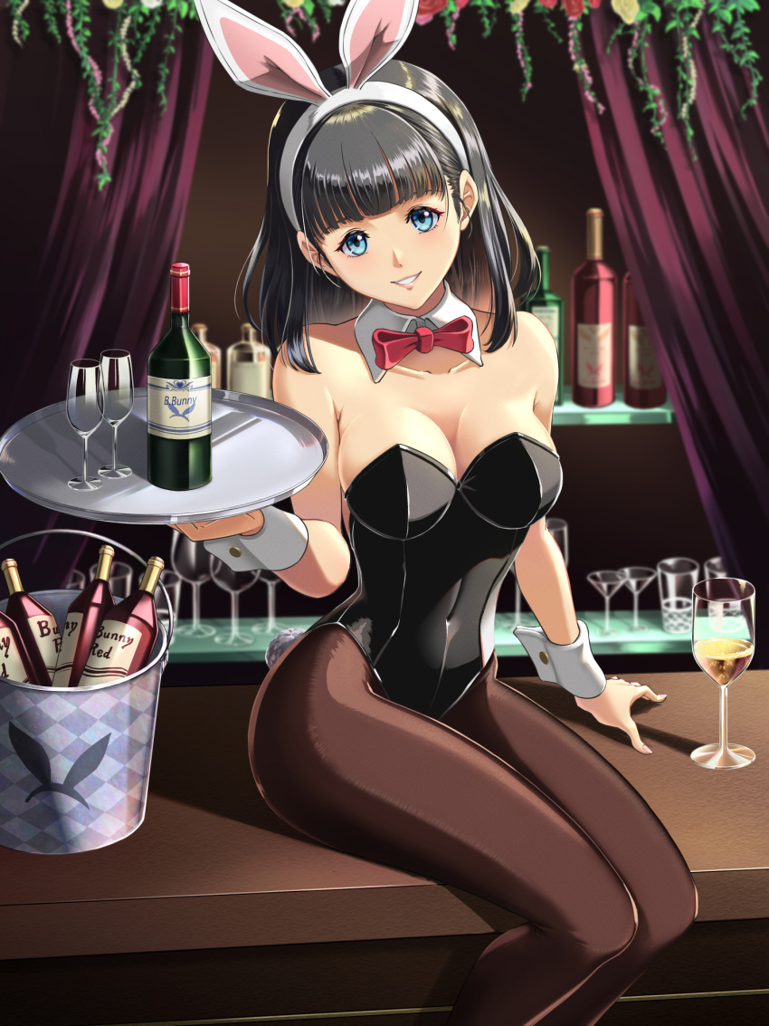 1girl alcohol animal_ears black_hair black_leotard black_pantyhose blue_eyes bow bowtie breasts chiga_akira cleavage counter cup curtains detached_collar drinking_glass fake_animal_ears feet_out_of_frame highres ice_bucket leotard medium_breasts medium_hair original pantyhose playboy_bunny rabbit_ears rabbit_tail red_bow red_bowtie sitting smile solo strapless strapless_leotard tail wine wine_glass wrist_cuffs