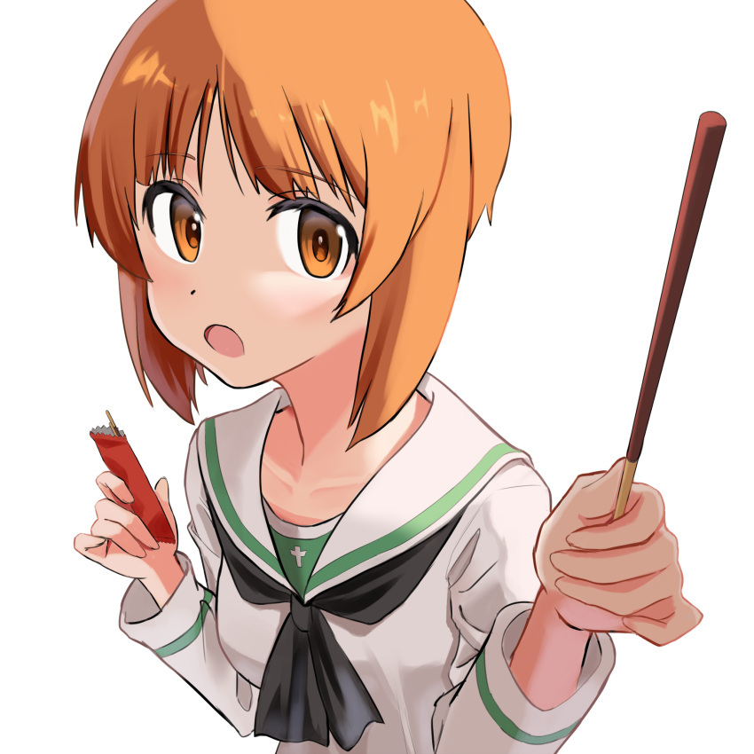 1girl black_neckerchief blouse brown_eyes brown_hair commentary food foreshortening girls_und_panzer giving highres holding holding_food lazurite_(user_8870367) long_sleeves looking_at_viewer neckerchief nishizumi_miho ooarai_school_uniform open_mouth pocky sailor_collar school_uniform serafuku shirt short_hair simple_background solo white_background white_sailor_collar white_shirt