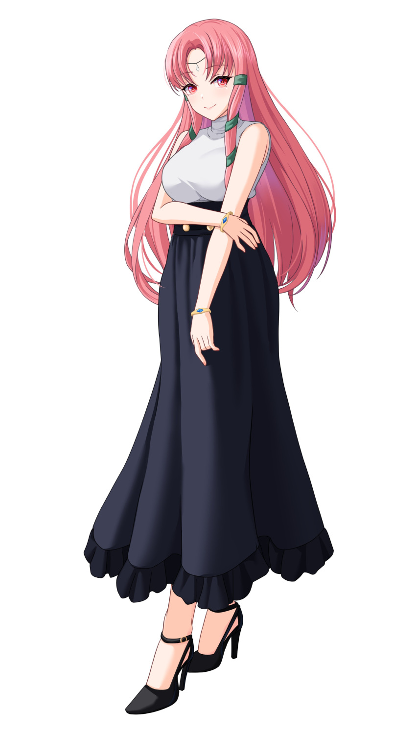 1girl absurdres alternate_costume bare_shoulders black_footwear black_skirt bracelet breasts circlet fire_emblem fire_emblem:_thracia_776 high_heels highres jewelry large_breasts linoan_(fire_emblem) long_hair long_skirt looking_at_viewer philo_324 pink_eyes pink_hair second-party_source shirt simple_background skirt sleeveless sleeveless_shirt smile solo strappy_heels turtleneck very_long_hair white_background
