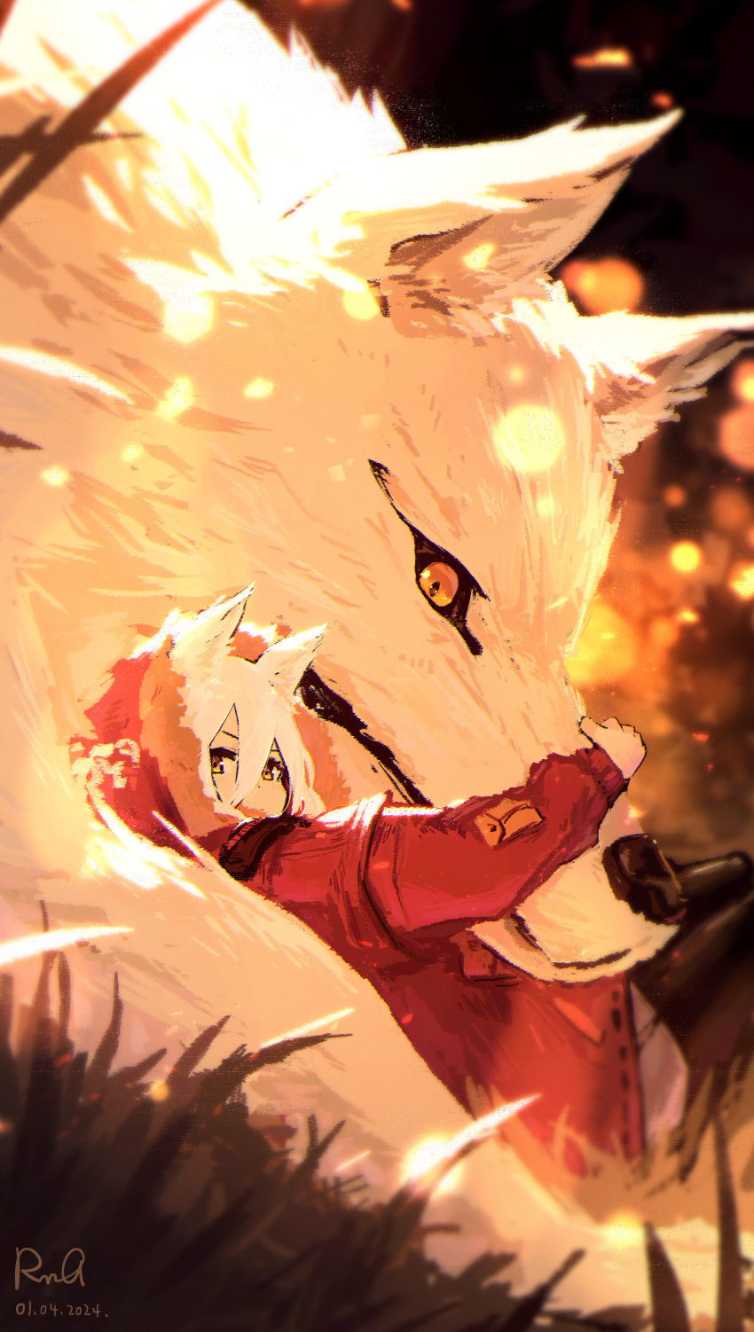 1girl absurdres animal animal_ears arknights dated fur-trimmed_hood fur_trim grey_hair hair_between_eyes highres hood hood_up hooded_jacket jacket long_sleeves looking_at_viewer oversized_animal projekt_red_(arknights) red_jacket rn9 signature solo wolf wolf_ears wolf_girl yellow_eyes