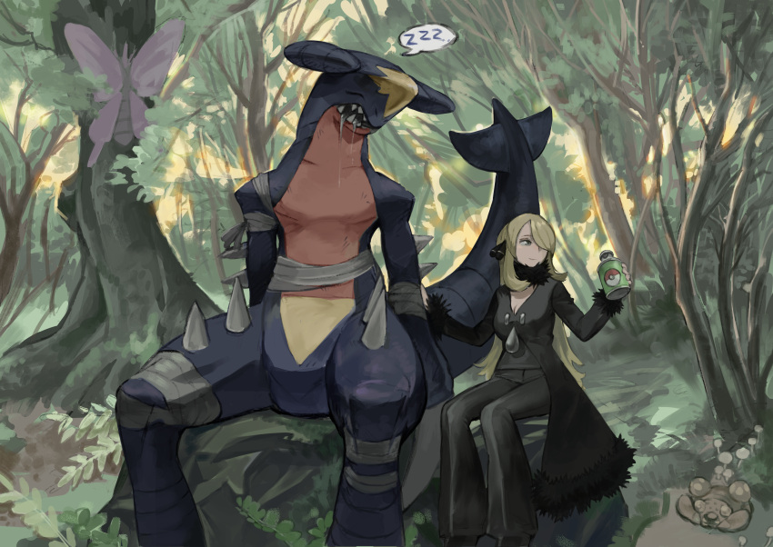 1girl absurdres bandages black_coat black_pants blonde_hair breasts cleavage closed_mouth coat cynthia_(pokemon) drooling forest fur-trimmed_coat fur-trimmed_sleeves fur_trim garchomp grey_eyes hair_ornament highres level-00 long_hair long_sleeves medium_breasts mushroom nature open_mouth pants paras plant pokemon pokemon_(creature) repel sharp_teeth sitting sleeping smile speech_bubble spikes spoken_zzz teeth tree venomoth zzz