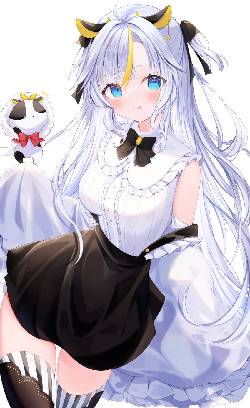 1girl absurdres animal_ears black_bow black_bowtie black_skirt blonde_hair blue_eyes blush bow bowtie commission cow_ears detached_sleeves frilled_shirt frills grey_hair highres indie_virtual_youtuber long_hair looking_at_viewer multicolored_hair okomeillust shirt short_sidetail simple_background skeb_commission skirt sleeveless sleeveless_shirt solo streaked_hair thighhighs ushishiro_meuka very_long_hair virtual_youtuber white_background white_shirt white_sleeves