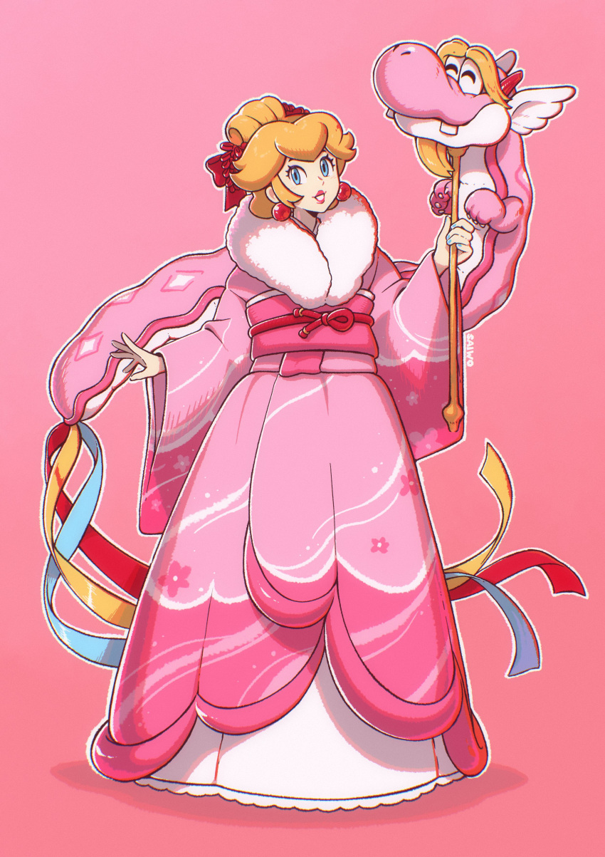 1girl absurdres alternate_costume alternate_hairstyle ancient_dragon_(mario) blonde_hair blue_eyes chinese_zodiac dragon dress earrings eastern_dragon full_body fur-trimmed_kimono fur_trim hair_ribbon highres japanese_clothes jewelry kimono looking_at_viewer mario_(series) pink_background pink_dress pink_kimono pink_sash princess_peach red_ribbon ribbon saiwo_(saiwoproject) sash simple_background solo sphere_earrings updo year_of_the_dragon