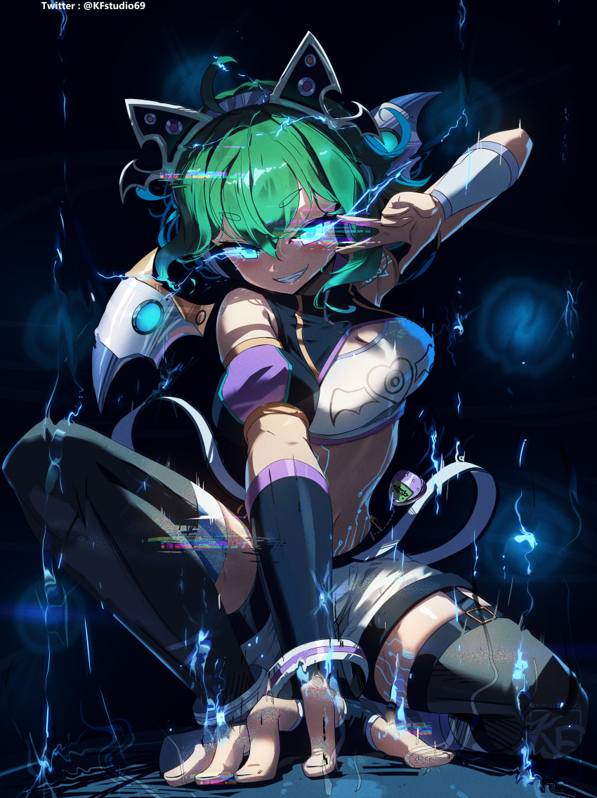 1girl absurdres ahoge animal_ears arm_garter bandeau black_garter_straps black_gloves black_thighhighs blue_eyes body_markings breasts cat_ears cleavage commission crop_top elbow_gloves fake_animal_ears garter_belt garter_straps glitch gloves glowing glowing_eyes green_hair highres knightfang midriff navel original shorts smile solo thighhighs twitter_username v_over_eye white_bandeau white_shorts