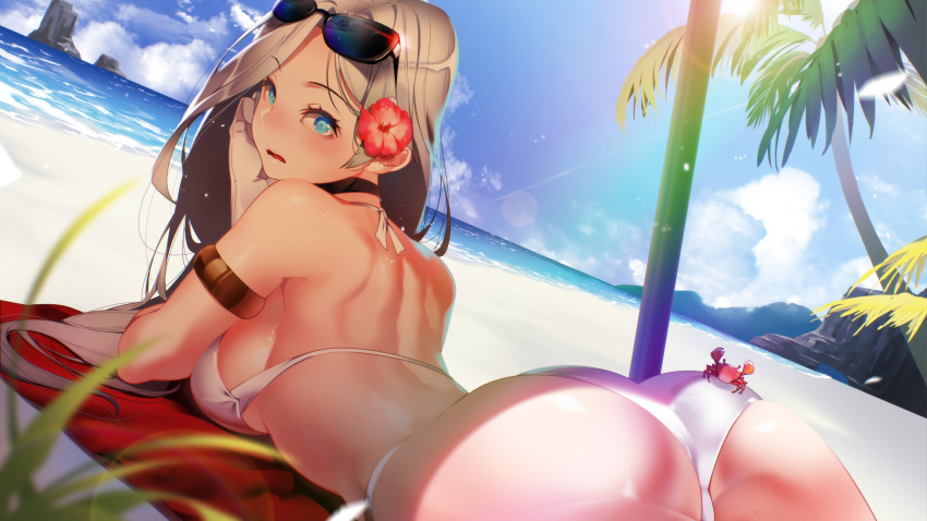 1girl armlet ass bare_shoulders beach beach_towel bikini black_collar blue_sky breasts cloud collar crab day dutch_angle eyewear_on_head flower from_behind game_cg gloves hair_flower hair_ornament hand_on_own_face highres large_breasts light_particles long_hair looking_at_viewer looking_back lying miracle_snack_shop non-web_source ocean official_art on_stomach open_mouth palm_tree petals philia_salis shaded_face shadow shiny_skin single_sidelock sky string_bikini sunglasses sunlight surprised swimsuit talesshop towel tree ukero white_bikini white_gloves white_hair wide-eyed