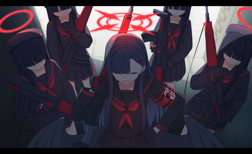 5girls armband assault_rifle beret black_gloves black_hair black_headwear black_sailor_collar black_serafuku black_skirt black_wings blue_archive bullpup closed_eyes em-2 feathered_wings gloves gun hair_ornament hairclip halo hat ichika_(blue_archive) justice_task_force_member_(blue_archive) letterboxed long_hair long_sleeves multiple_girls neckerchief open_mouth pleated_skirt red_armband red_halo red_neckerchief rifle sailor_collar school_uniform serafuku skirt smile usui_harusame weapon wings