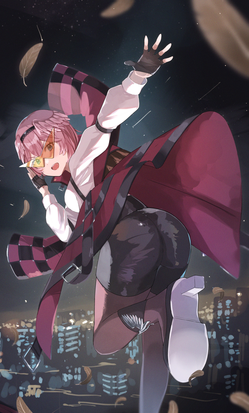 1girl absurdres ass black_gloves black_pantyhose black_shorts breasts cityscape collared_shirt fingerless_gloves gloves haru_yu head_wings highres hololive large_breasts leather_shorts looking_at_viewer open_mouth pantyhose shirt short_hair shorts smile solo suspender_shorts suspenders takane_lui takane_lui_(1st_costume) virtual_youtuber white_shirt wings