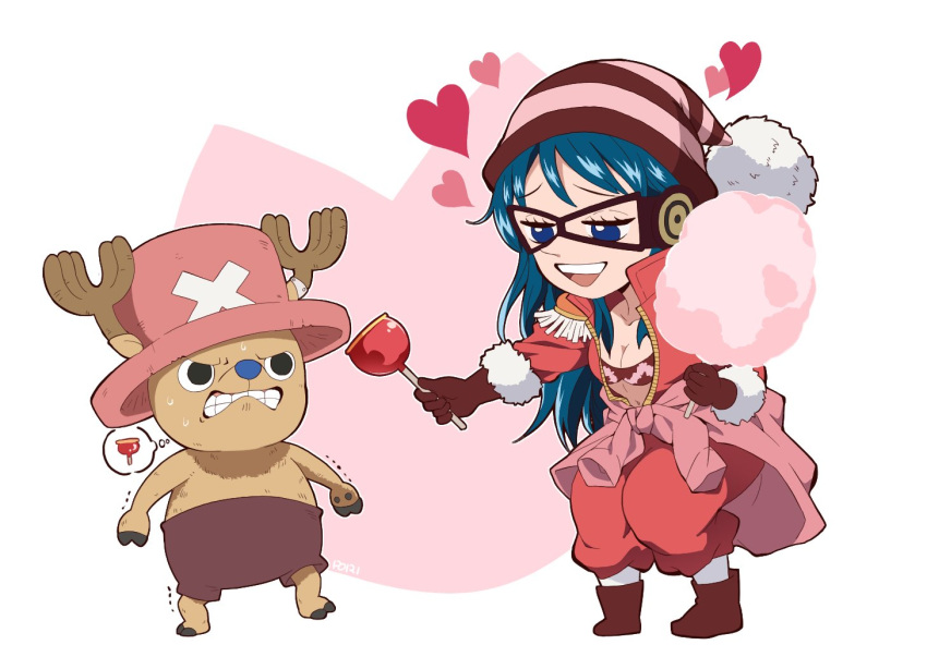 1boy 1girl angry blue_eyes blue_hair breasts brown_gloves candy_apple cotton_candy food gloves hat heart jacket long_hair medium_breasts nefertari_vivi one_piece open_mouth pori_(kmt_pori) red_jacket reindeer shorts striped striped_headwear teeth tony_tony_chopper