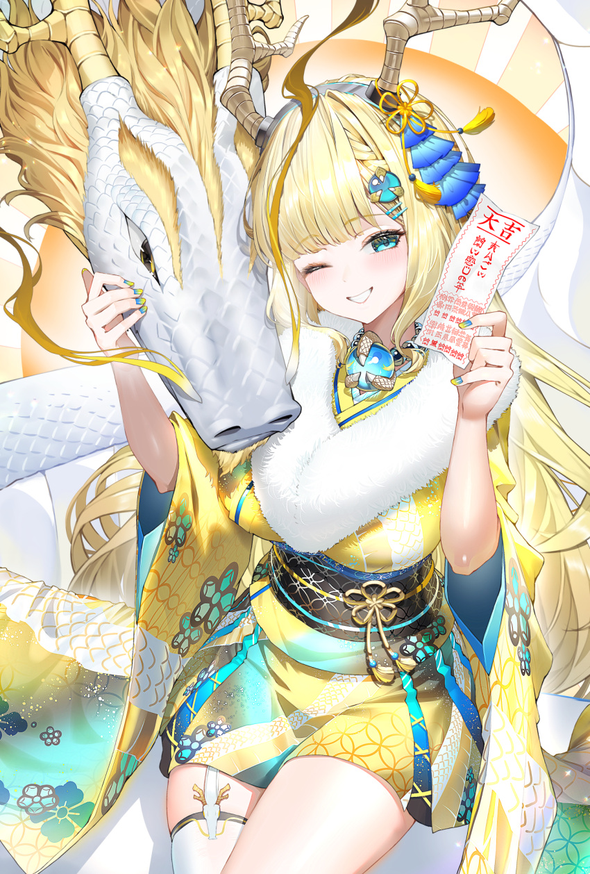 1girl ;d bead_choker blonde_hair blue_eyes blue_nails blunt_bangs commentary_request cowboy_shot dragon dragon_horns eastern_dragon flower_knot fur_shawl garter_straps gradient_nails grin hair_ornament hairclip hands_up highres holding horns japanese_clothes kimono kiramarukou long_hair looking_at_viewer obi obijime one_eye_closed orb original sash shawl single_garter_strap single_thighhigh smile solo tassel tassel_hair_ornament thighhighs very_long_hair white_thighhighs yellow_eyes yellow_kimono yellow_nails