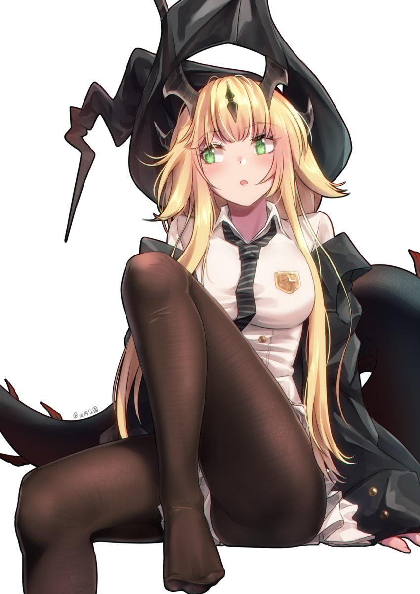 1girl arknights averting_eyes black_headwear black_jacket black_necktie black_pantyhose blush collared_shirt dragon_girl dragon_horns dragon_tail green_eyes hat highres horns invisible_chair jacket knee_up necktie no_shoes open_mouth pantyhose reed_(arknights) reed_the_flame_shadow_(arknights) shirt simple_background sitting solo striped_necktie tail white_background white_shirt yamauchi_(conan-comy)