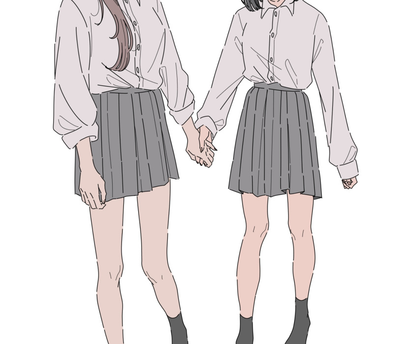 2girls black_hair brown_hair collared_shirt commentary_request dress_shirt grey_skirt head_out_of_frame highres holding_hands kamatama_rom long_hair long_sleeves multiple_girls original pleated_skirt school_uniform shirt shirt_tucked_in short_hair simple_background skirt sleeves_past_wrists white_background white_shirt yuri