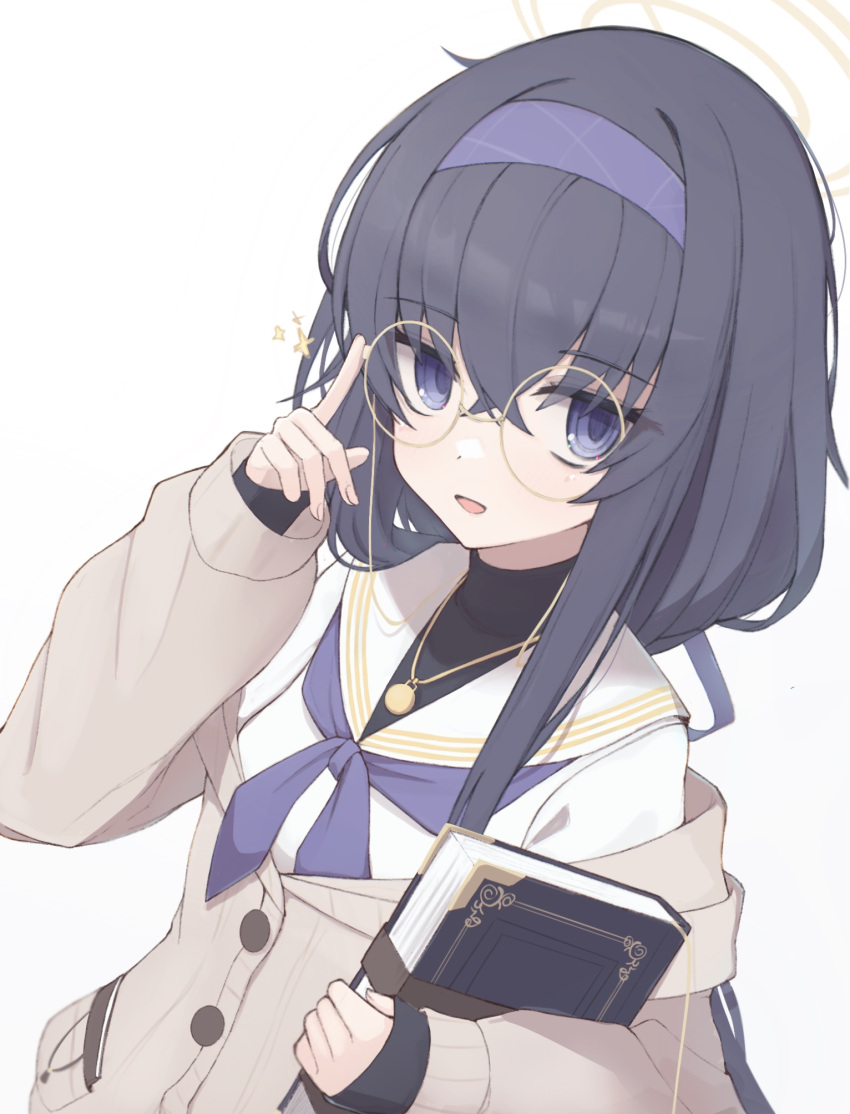 1girl adjusting_eyewear black_hair blue_archive book glasses hairband halo highres holding holding_book jewelry long_sleeves looking_at_viewer matchadzuke neckerchief necklace purple_eyes purple_hairband purple_neckerchief sailor_collar simple_background solo ui_(blue_archive) upper_body white_background white_sailor_collar