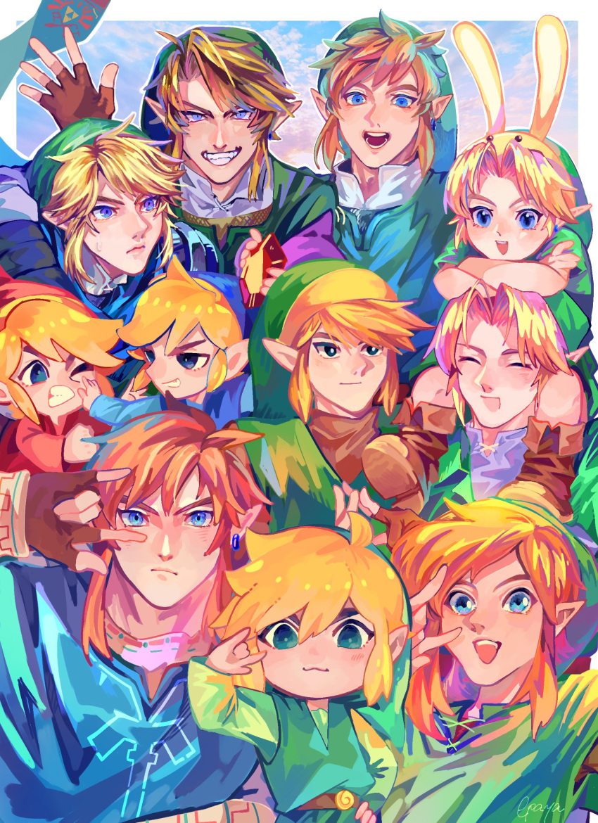6+boys :3 :d \m/ absurdres animal_hood arm_around_shoulder blonde_hair blue_eyes bunny_hood closed_eyes closed_mouth crossed_arms earrings epaya_hakase fingerless_gloves gloves green_headwear green_tunic grin happy hat highres hood hyrule_warriors jewelry link looking_at_another male_focus multiple_boys multiple_persona one_eye_closed open_mouth pointy_ears rupee scarf single_earring sitting_on_shoulder smile sweatdrop the_legend_of_zelda the_legend_of_zelda:_a_link_to_the_past the_legend_of_zelda:_breath_of_the_wild the_legend_of_zelda:_four_swords the_legend_of_zelda:_majora's_mask the_legend_of_zelda:_ocarina_of_time the_legend_of_zelda:_skyward_sword the_legend_of_zelda:_the_wind_waker the_legend_of_zelda:_twilight_princess the_legend_of_zelda_(nes) toon_link young_link