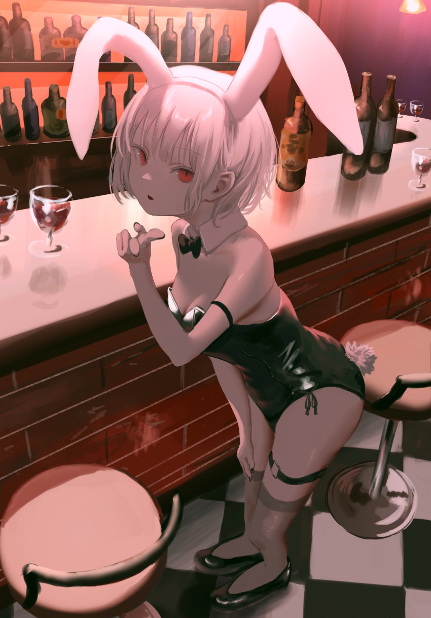 :o absurdres alcohol animal_ears bar_(place) bar_stool black_bow black_bowtie black_footwear black_socks bottle bow bowtie breasts checkered_floor cleavage cup detached_collar drinking_glass fake_animal_ears full_body highres kneehighs kyano_(kyanora3141) leotard looking_at_viewer medium_hair original playboy_bunny rabbit_ears rabbit_tail red_eyes red_wine shoes side-tie_leotard sidelocks slit_pupils small_breasts socks standing stool strapless strapless_leotard tail tile_floor tiles v white_hair wine wine_bottle wine_glass