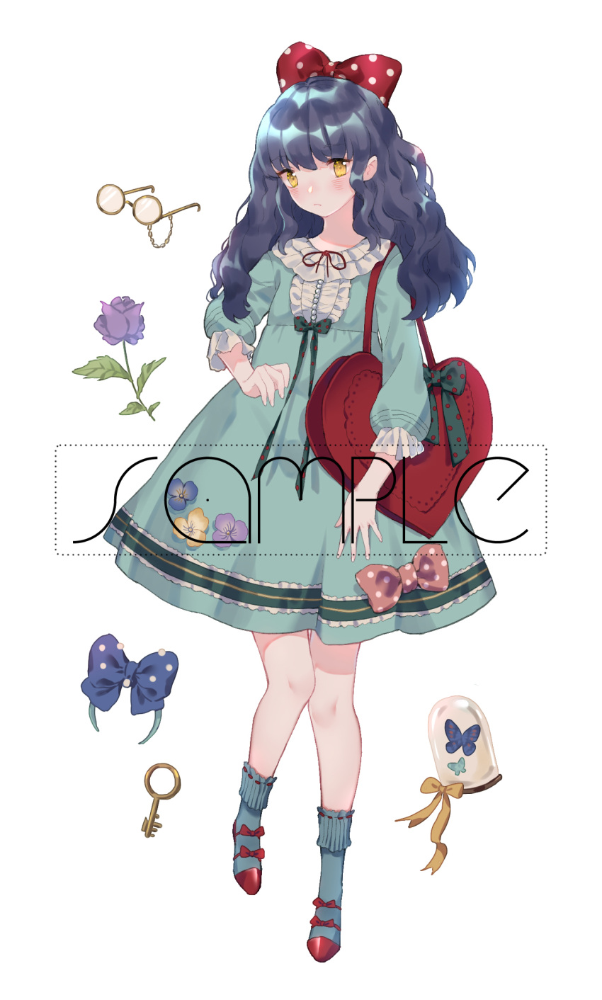 1girl bag black_bow black_hair blue_dress blue_flower blue_hairband blue_sleeves bow bug butterfly buttons center_frills chain chinese_commentary closed_mouth collar collared_dress commentary_request dress dress_bow dress_flower english_commentary flower frilled_collar frilled_dress frilled_sleeves frills frown full_body glasses gold_chain green_bow hair_bow hairband heart-shaped_bag highres key light_blush lolita_fashion long_hair long_sleeves mixed-language_commentary neck_ribbon original pansy pink_bow polka_dot polka_dot_bow puffy_long_sleeves puffy_sleeves purple_flower purple_rose red_bag red_bow red_ribbon ribbon rose round_eyewear sample_watermark short_dress simple_background solo tote_bag unworn_eyewear unworn_hairband waist_bow watermark wavy_hair white_background white_collar yellow-framed_eyewear yellow_bow yellow_eyes yellow_flower yuzhi