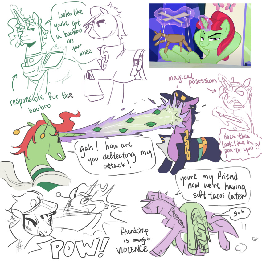 1:1 alternate_species alternate_universe ambiguous_gender blood bodily_fluids duo earth_pony english_text equid equine feral feralized fight furrification gem hasbro hi_res horn horse jojo's_bizarre_adventure jotaro_kujo magic magic_user male mammal my_little_pony noriaki_kakyoin ponification pony possession punch regularcitrus sketch text unicorn unicorn_horn