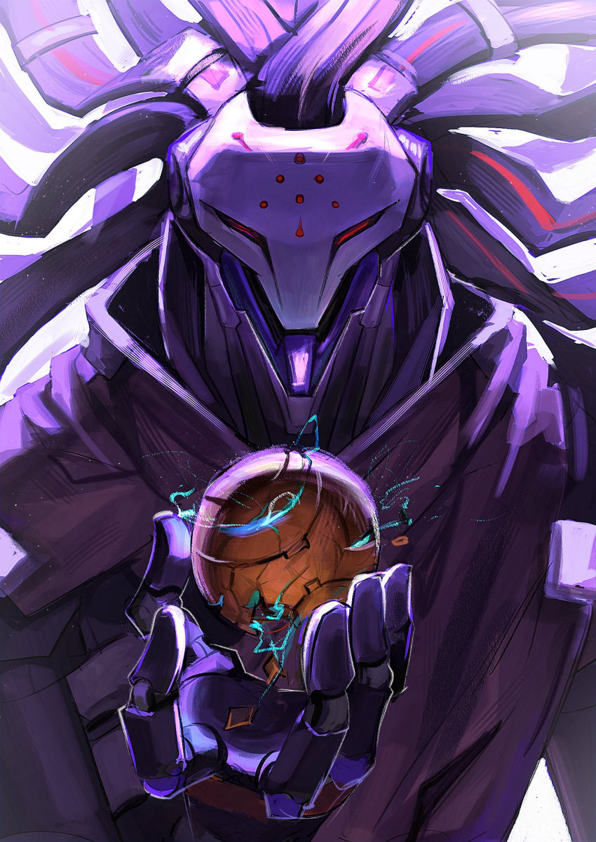 1boy cyborg duck_x805 highres holding_orb male_focus mechanical_arms mechanical_hands mechanical_parts omnic orb overwatch overwatch_2 purple_theme ramattra_(overwatch) robot scarf solo upper_body