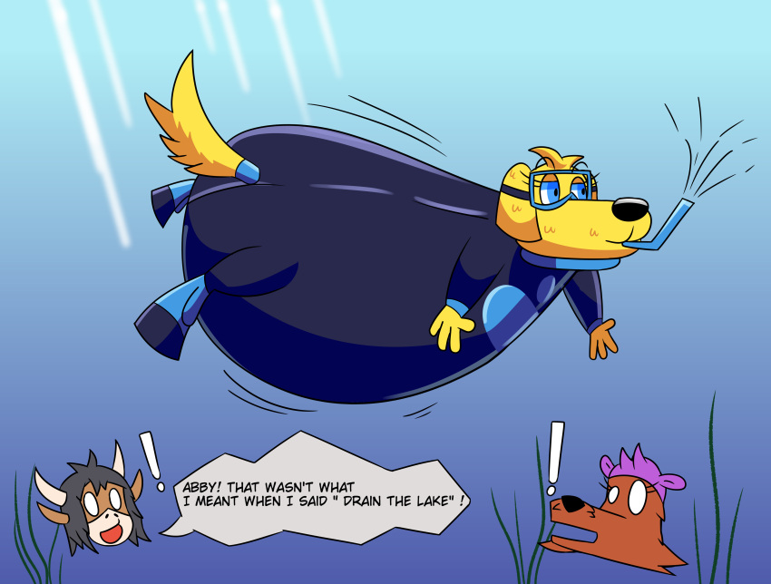 absurd_res anthro bear body_inflation bovid bovine canid canine canis cattle diving domestic_dog expansion female flippers group hi_res inflation mammal oxygenarchived0 scuba scuba_diving solo toony trio wetsuit