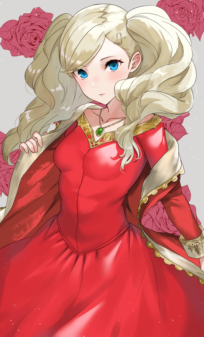 1girl absurdres blonde_hair blue_eyes commission commissioner_upload cosplay dress erika_harlacher fire_emblem fire_emblem:_the_binding_blade fire_emblem_heroes flower guinevere_(fire_emblem) guinevere_(fire_emblem)_(cosplay) hair_ornament hairclip haru_(nakajou-28) highres jewelry looking_at_viewer necklace persona persona_5 red_dress rose takamaki_anne twintails voice_actor_connection