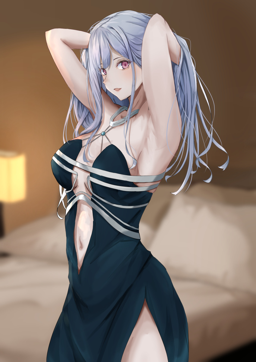 1girl absurdres ak-12_(girls'_frontline) ak-12_(quiet_azure)_(girls'_frontline) armpits arms_behind_head arms_up artificial_eye backless_dress backless_outfit bed blue_dress center_opening clothing_cutout dress evening_gown girls'_frontline grey_hair halter_dress halterneck hands_in_hair highres long_hair looking_at_viewer mechanical_eye navel navel_cutout official_alternate_costume satsumaagee side_slit unusually_open_eyes