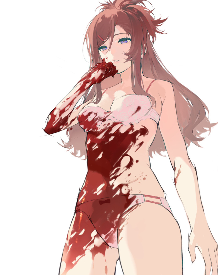 1girl azami_(nemurenu_hitsuji_to_kodoku_na_ookami) blood blood_on_body blood_on_face blood_splatter bow bow_panties bra breasts brown_hair commentary cowboy_shot expressionless from_below hair_ornament hairclip half-closed_eyes half_updo hand_up highres large_breasts long_hair looking_down nemurenu_hitsuji_to_kodoku_na_ookami panties parted_lips pink_bra pink_panties purple_eyes sidelocks simple_background solo standing swept_bangs symbol-only_commentary tuzaixia underwear underwear_only white_background wiping_blood