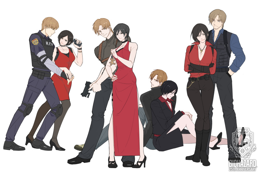 1boy 1girl absurdres ada_wong age_progression black_hair boots breasts brown_hair bulletproof_vest cleavage dress fenrir_(1548610681) fingerless_gloves gloves gun handgun high_heels highres leon_s._kennedy multiple_persona pantyhose police police_uniform red_dress resident_evil resident_evil_2 resident_evil_4 resident_evil_6 short_hair sitting uniform weapon