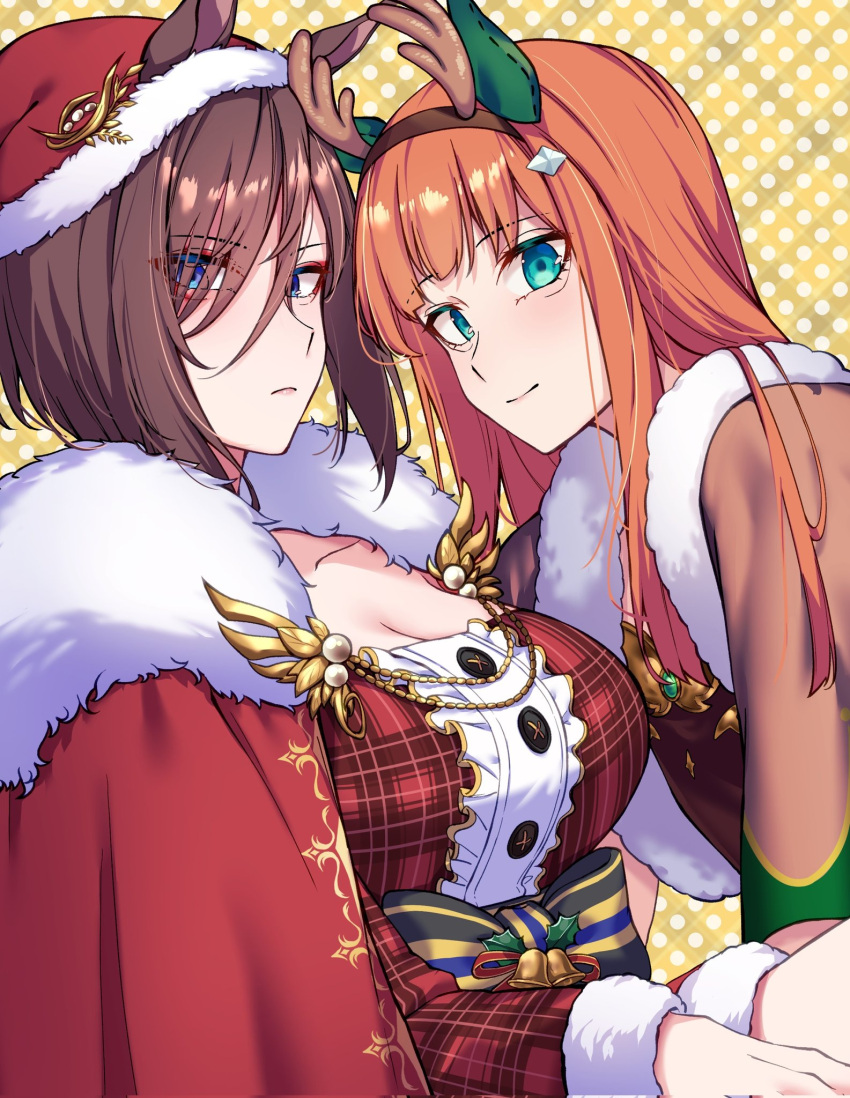 2girls air_groove_(are_you_merry?)_(umamusume) air_groove_(umamusume) alternate_costume animal_costume animal_ears antlers aqua_eyes blue_eyes breasts brown_hair cape cleavage dress ear_covers ears_through_headwear fake_antlers hat highres horse_ears horse_girl large_breasts looking_at_viewer multiple_girls official_alternate_costume orange_hair plaid plaid_dress red_cape red_dress reindeer_antlers reindeer_costume santa_hat short_hair silence_suzuka_(umamusume) smile sugamo_(rainysnowy108) umamusume