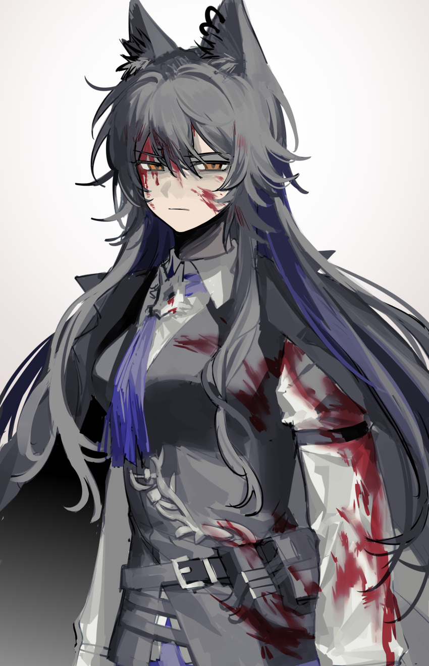 1girl absurdres animal_ear_piercing animal_ears arknights black_hair black_vest blood blood_on_clothes blood_on_face blue_gloves blue_hair chinese_commentary collared_shirt commentary_request empty_eyes fingerless_gloves frown glaring gloves highres jsjdndhidnshssj long_hair long_sleeves looking_at_viewer messy_hair multicolored_hair shirt simple_background solo streaked_hair texas_(arknights) texas_the_omertosa_(arknights) upper_body vest white_background white_shirt wolf_ears wolf_girl yellow_eyes