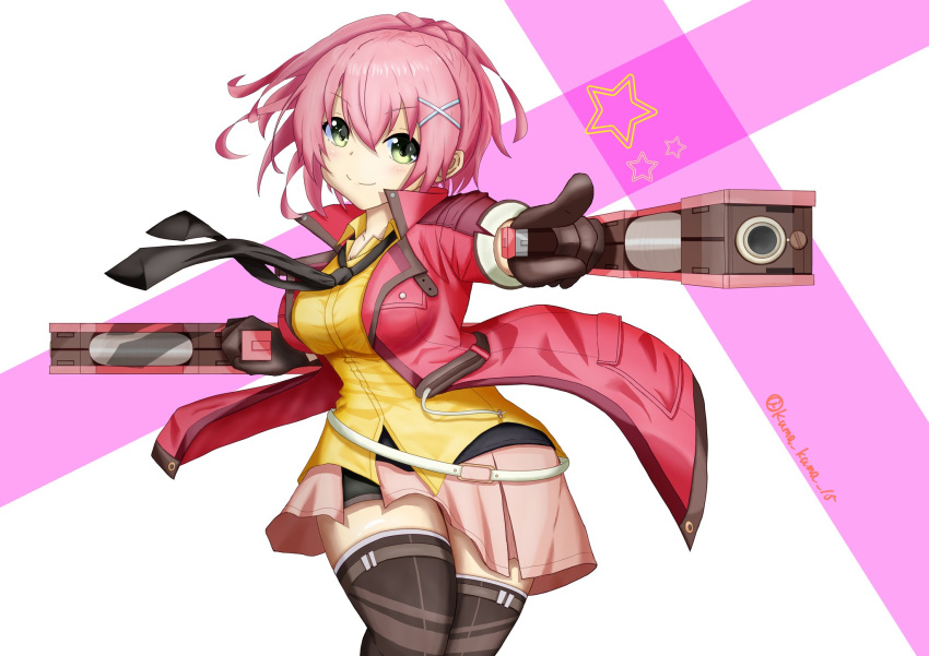 black_gloves breasts coat double-parted_bangs dual_wielding eiyuu_densetsu gloves green_eyes hair_between_eyes highres holding holding_weapon juna_crawford kuma_kuma_15 large_breasts necktie pink_hair sen_no_kiseki sen_no_kiseki_iv shorts simple_background skirt thighhighs tonfa two-tone_background weapon