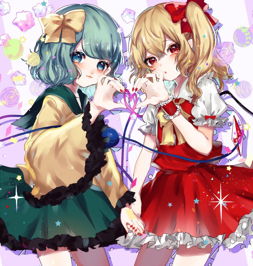 2boys :o aqua_hair blonde_hair blue_eyes bow bowtie candy closed_mouth collared_shirt commentary cowboy_shot eyelashes flandre_scarlet food frilled_bowtie frilled_shirt_collar frilled_skirt frilled_sleeves frilled_wrist_cuffs frills green_sailor_collar green_skirt hair_bow heart heart_hands heart_hands_duo heart_of_string highres holding_hands komeiji_koishi light_blush lollipop long_hair long_sleeves looking_at_viewer miniskirt multiple_boys nail_polish no_headwear one_side_up parted_lips pointy_ears puffy_short_sleeves puffy_sleeves purple_background red_bow red_eyes red_nails red_skirt red_vest red_wrist_cuffs sailor_collar shirt short_hair short_sleeves single_wrist_cuff skirt skirt_set sleeve_bow smile sparkle star_(symbol) striped striped_background suzune_hapinesu symbol-only_commentary third_eye touhou two-tone_background vest white_background white_shirt white_sleeves wide_sleeves wrist_cuffs yellow_bow yellow_bowtie yellow_shirt yellow_sleeves