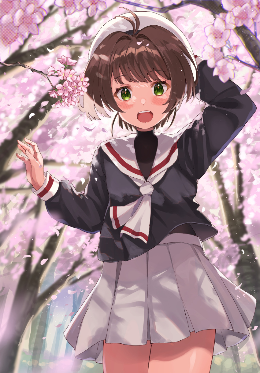 1girl absurdres beret black_serafuku black_shirt blush brown_hair cardcaptor_sakura cherry_blossoms green_eyes haru_yu hat highres kinomoto_sakura looking_at_viewer open_mouth sailor_collar school_uniform serafuku shirt skirt solo teeth upper_teeth_only white_sailor_collar white_skirt