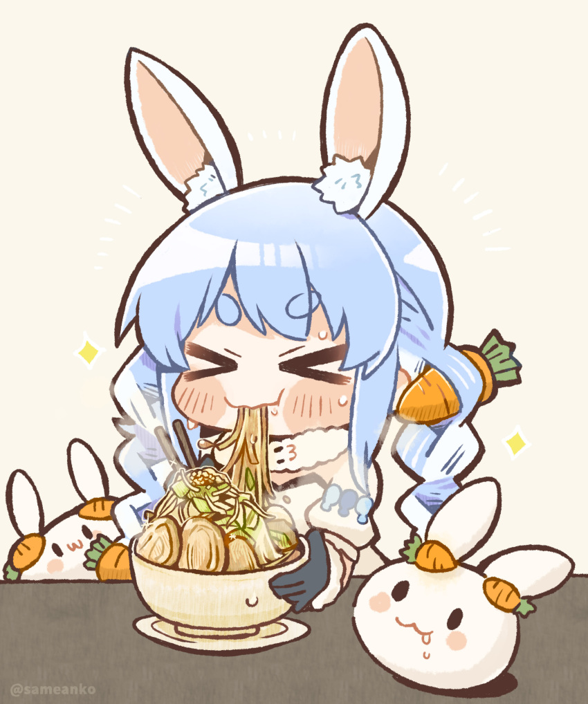 &gt;_&lt; 1girl :3 :t absurdres animal_ear_fluff animal_ears black_gloves blue_hair bowl braid carrot_hair_ornament chibi chopsticks closed_eyes commentary_request don-chan_(usada_pekora) eating eyebrows_visible_through_hair food food-themed_hair_ornament food_in_mouth gloves hair_ornament highres hololive jirou_(ramen) long_hair multicolored_hair noodles nousagi_(usada_pekora) rabbit_ears ramen same_anko simple_background solo sparkle streaked_hair sweat twin_braids two-tone_hair usada_pekora virtual_youtuber white_hair