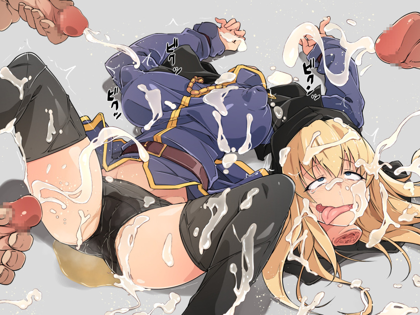 1girl black_panties black_thighhighs breasts bukkake covered_nipples cum cum_on_clothes cum_on_hair cum_on_legs death decapitation ero_guro facial feet_out_of_frame goeniko guro habit highres huge_nipples jewelry large_breasts long_sleeves m_legs male_masturbation masturbation necklace no_pants panties peeing peeing_self penis severed_head spread_legs tearing_up the_king_of_fighters the_king_of_fighters_'96 thighhighs tongue tongue_out uchiko_onigiri underwear