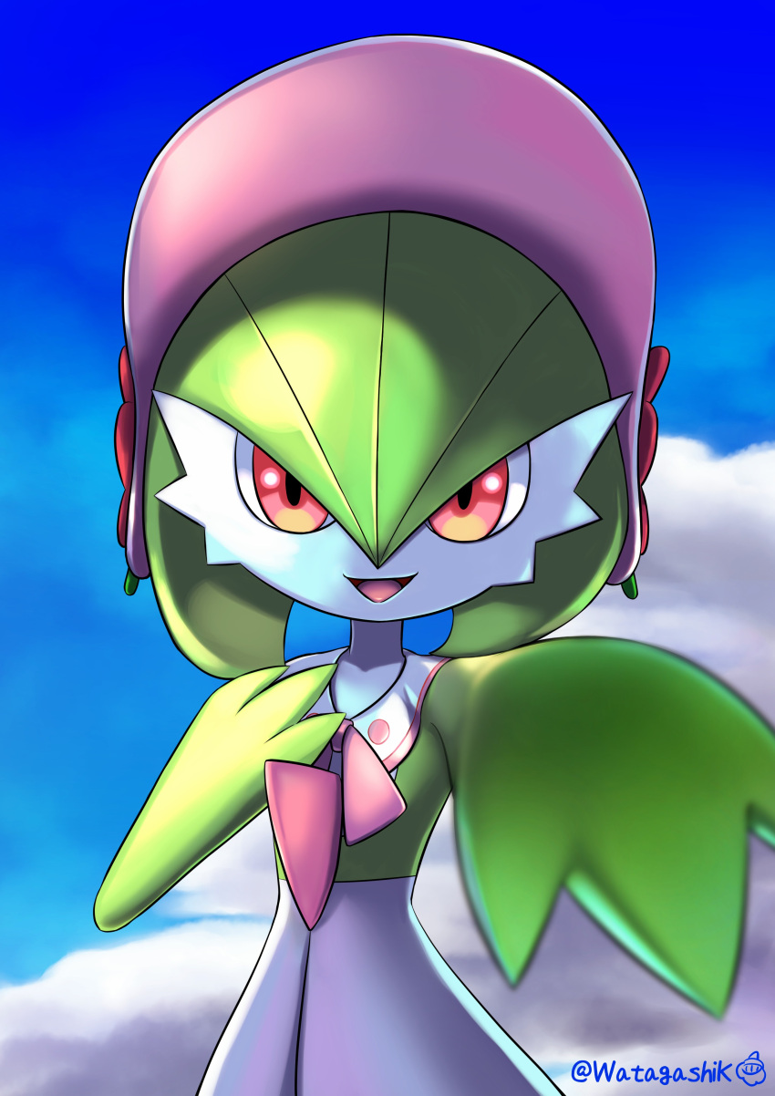 absurdres blurry bonnet cloud commentary_request day flower gardevoir gardevoir_(fashionable) gen_3_pokemon hand_up highres open_mouth outstretched_hand pink_headwear pokemon pokemon_(creature) pokemon_(game) pokemon_unite red_flower sky smile solo tongue watagashikn