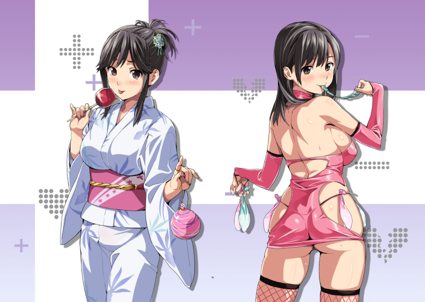 1girl 2012 ass before_and_after black_hair blush breasts bridal_gauntlets brown_hair candy_apple cheating condom condom_in_mouth condom_packet_strip condom_wrapper corruption dual_persona fishnets food hair_up halterneck highres holding holding_condom japanese_clothes kimono large_breasts looking_back love_plus mouth_hold multiple_condoms parody photoshop_(medium) sash sideboob skindentation sweat takane_manaka takeda_hiromitsu thighhighs thong title_parody tongue tongue_out used_condom yukata