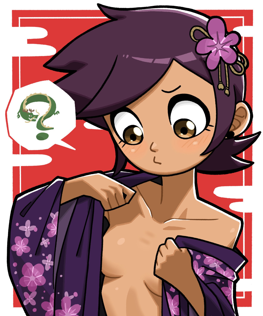 1girl ? absurdres breasts brown_eyes chinese_zodiac collarbone dark-skinned_female dark_skin dragon dressing eastern_dragon floral_print_kimono flower hair_flower hair_ornament highres japanese_clothes kimono looking_down luz_noceda n_k_m no_bra open_clothes open_kimono purple_kimono short_hair solo spoken_question_mark the_owl_house upper_body very_short_hair year_of_the_dragon