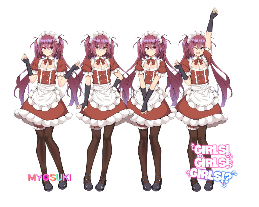 1boy :o ;d apron arm_up black_gloves black_legwear dress fingerless_gloves full_body girls!_girls!_girls!? gloves grin hand_on_hip highres husun_wei legs long_hair maid male_focus mary_janes multiple_views one_eye_closed open_mouth otoko_no_ko own_hands_together pantyhose pectorals pout puffy_short_sleeves puffy_sleeves red_dress red_eyes red_hair shoes short_sleeves simple_background smile sprite_sheet twintails very_long_hair waist_apron white_background
