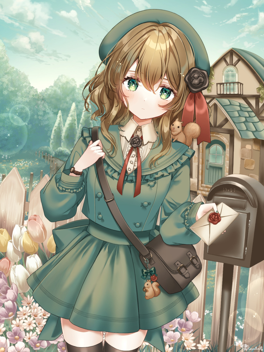 1girl animal_on_shoulder black_thighhighs blush bow bowtie brown_hair commentary_request dress flower green_dress green_eyes green_headwear green_nails hat highres holding holding_letter house kompeitou_(lemon_garden) letter long_sleeves looking_at_viewer mailbox_(incoming_mail) mailman nail_polish original outdoors pink_flower purple_flower red_bow red_bowtie shirt short_hair squirrel thighhighs tree tulip watch wavy_hair white_flower white_shirt wristwatch