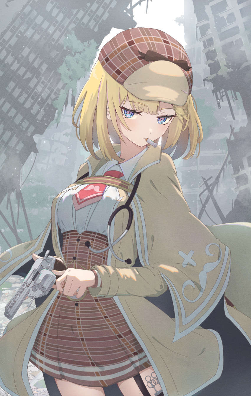 1girl blonde_hair blue_eyes bob_cut breasts brown_skirt building chahanramen city detective gun half-closed_eyes highres hololive large_breasts long_sleeves looking_at_viewer mustache_print necktie red_necktie revolver shirt short_hair skirt skyscraper solo virtual_youtuber watson_amelia weapon white_shirt