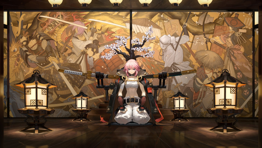 1girl alchemy_stars belt bonsai bridal_gauntlets choker coat coat_on_shoulders commentary hands_on_own_thighs highres hiiro_(alchemy_stars) katana knifedragon lantern looking_at_viewer official_art ootachi pink_eyes pink_hair reflective_floor sarashi scabbard seiza sheath sheathed short_hair sitting sword symbol-only_commentary tree weapon weapon_stand