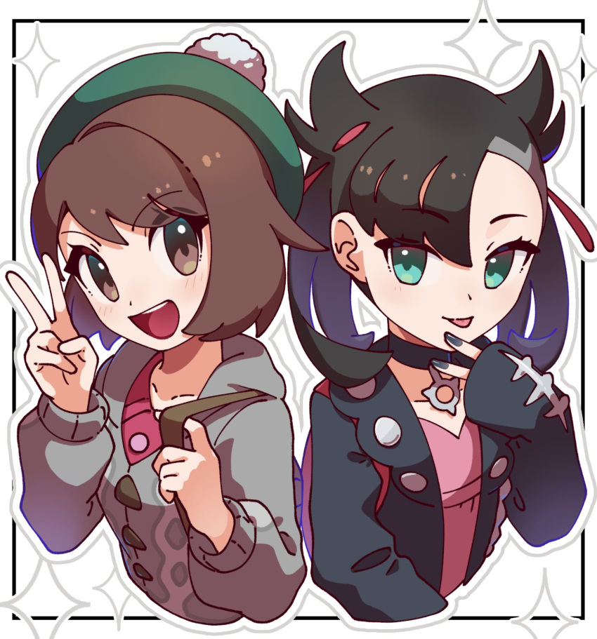 2girls :p asymmetrical_bangs backpack bag beanie black_border black_choker black_hair black_jacket black_nails border brown_eyes brown_hair choker commentary_request dress eyelashes gloria_(pokemon) green_eyes green_headwear grey_sweater hat highres jacket marnie_(pokemon) medium_hair multiple_girls omochi_(omotimotittona3) open_clothes open_jacket open_mouth pink_dress pokemon pokemon_swsh short_hair simple_background smile sweater teeth tongue tongue_out upper_body upper_teeth_only v white_background