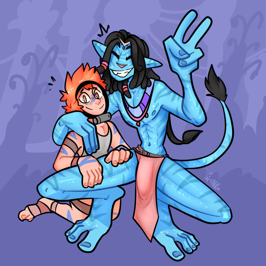 4_fingers 4_toes abs absurd_res accessory alien alien_humanoid anthro athletic athletic_anthro athletic_male blue_body blue_skin blue_stripes bodypaint bottomwear clothing crouching dreadlocks duo eyes_closed fangs feet fingers gesture grin hair hair_accessory hair_ring hi_res human humanoid humanoid_feet humanoid_pointy_ears james_cameron's_avatar loincloth male mammal markings mask muscle_tone na'vi orange_hair pecs plantigrade purple_background shirt simple_background smile striped_body striped_skin stripes tail tail_tuft tank_top teeth toes topwear tribal tribal_markings tuft v_sign wide_eyed xing1