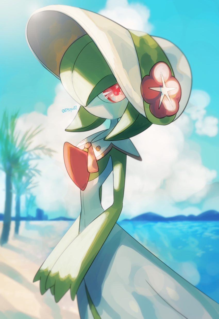 blurry bonnet capelet cloud commentary_request day flower gardevoir gardevoir_(fashionable) gen_3_pokemon hands_together highres looking_at_viewer outdoors pink_eyes pokemon pokemon_(creature) pokemon_(game) pokemon_unite sand shore sky solo water white_headwear yukifuri_tsuyu