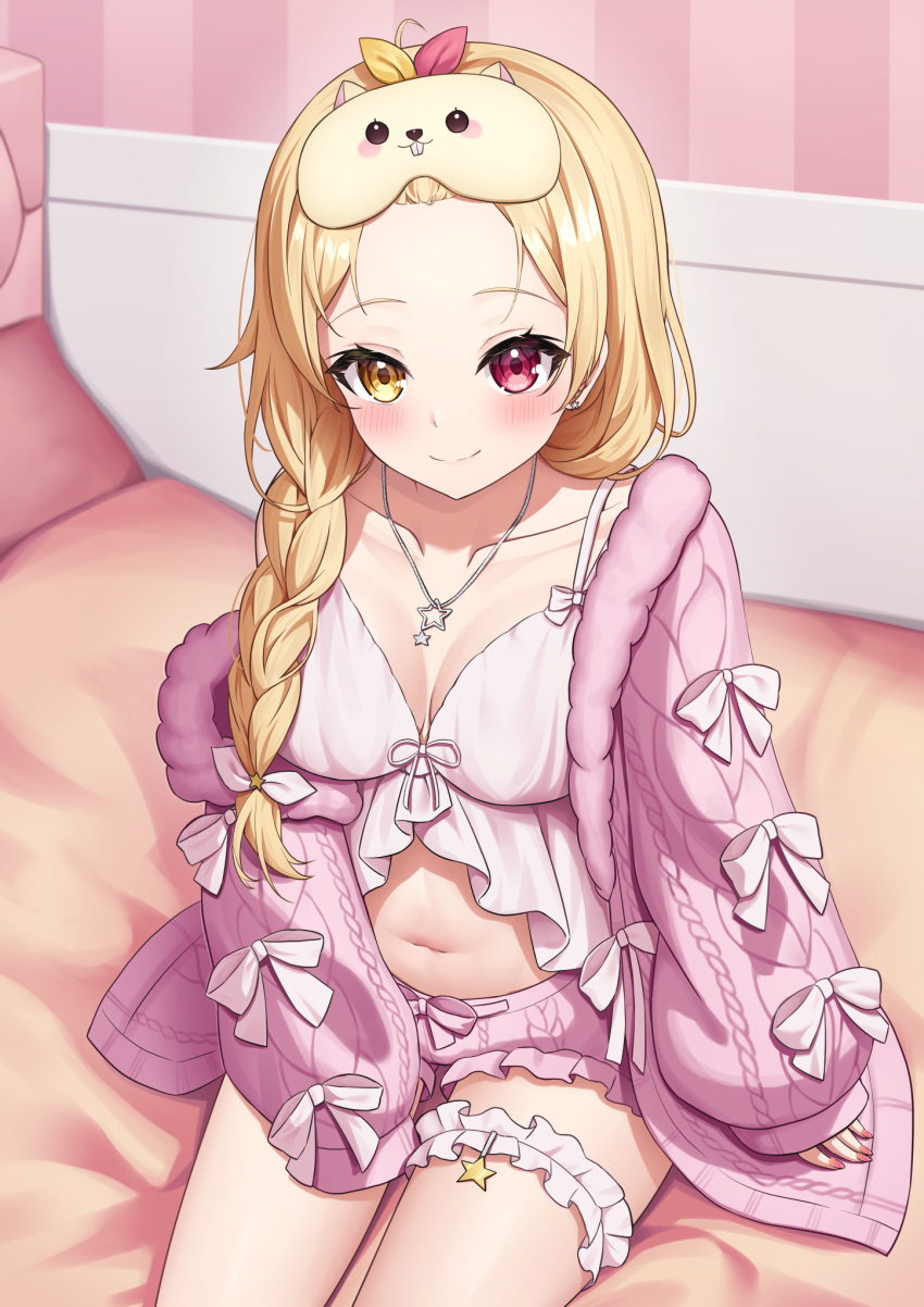 1girl bangs_pinned_back blonde_hair blush braid breasts camisole cleavage closed_mouth collarbone commentary_request forehead frilled_camisole frilled_shorts frills heterochromia highres hoshikawa_sara hoshikawa_sara_(7th_costume) indoors jacket kag_tsukimi large_breasts long_sleeves looking_at_viewer loungewear midriff navel nijisanji official_alternate_costume official_alternate_hairstyle pink_jacket pink_shorts puffy_long_sleeves puffy_sleeves red_eyes shorts single_braid sitting sleep_mask sleeves_past_wrists smile solo thigh_strap virtual_youtuber white_camisole yellow_eyes