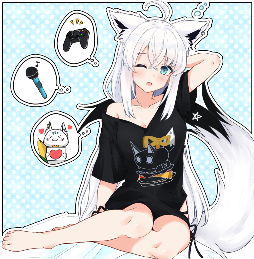 1girl ;d animal_ears bare_legs barefoot black_panties black_shirt blue_eyes breasts burger controller food fox_ears fox_girl fox_tail full_body game_controller gamepad highres hololive long_hair looking_at_viewer medium_breasts microphone nagare_(nagare_fuc) nejima_kitsune_(shirakami_fubuki) no_pants off-shoulder_shirt off_shoulder one_eye_closed open_mouth panties shirakami_fubuki shirakami_fubuki_(7th_costume) shirt short_sleeves smile spoken_character spoken_object sukonbu_(shirakami_fubuki) tail underwear virtual_youtuber white_hair