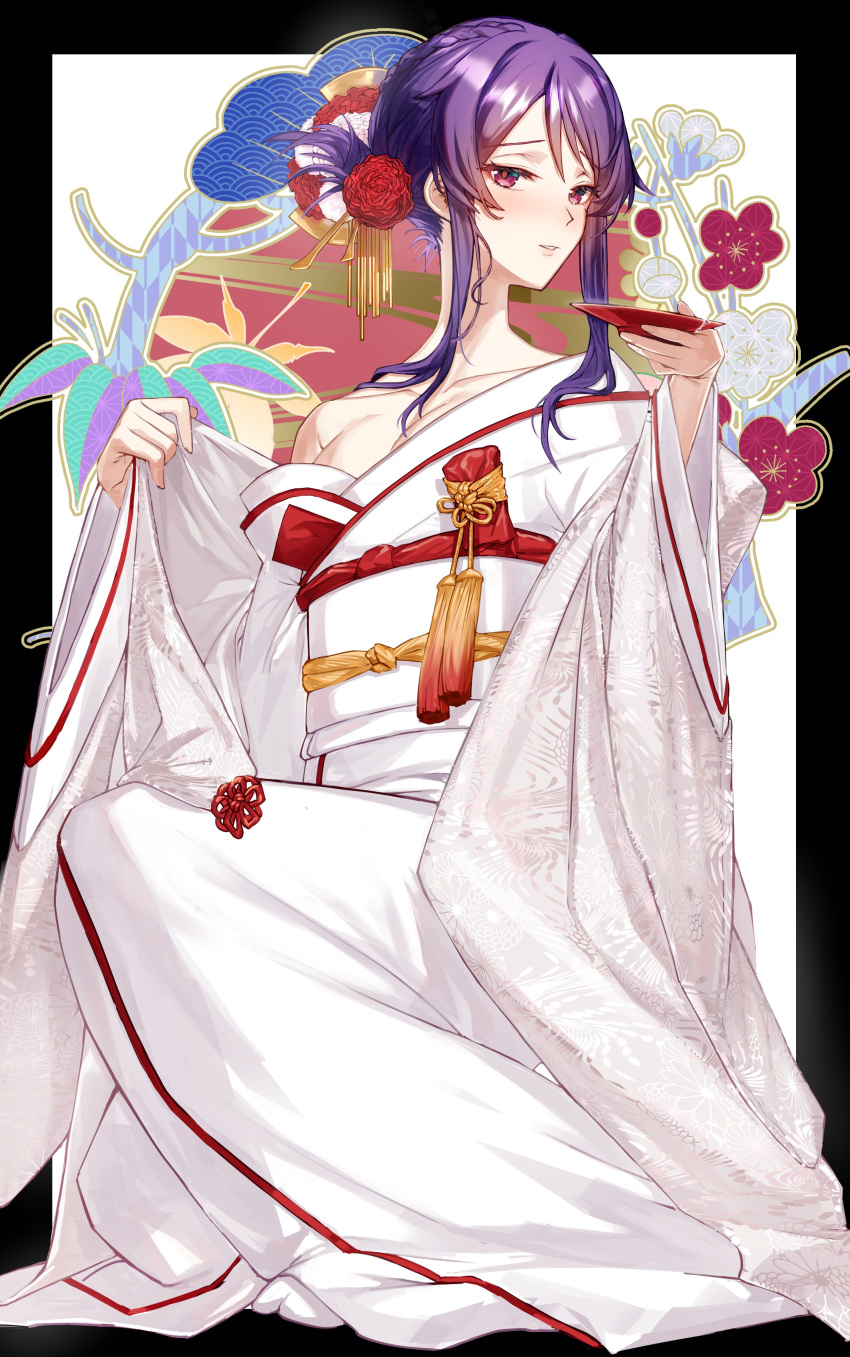 absurdres blush breasts cleavage commission cup fault flower hair_flower hair_ornament highres holding holding_cup japanese_clothes kimono looking_at_viewer obi off_shoulder pink_eyes purple_hair ritona_reighnvhasta sakazuki sash skeb_commission uchikake umeumeduka white_kimono