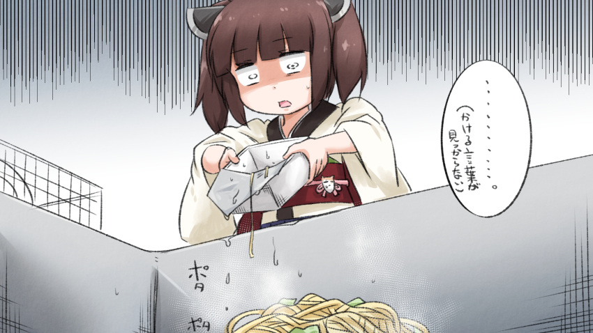 1girl bangs brown_hair commentary eyebrows_visible_through_hair failure headgear highres holding japanese_clothes kimono long_sleeves neon-tetora obi open_mouth sash shaded_face sink solo sweat touhoku_kiritan translated twintails voiceroid white_kimono wide-eyed wide_sleeves yakisoba yakisoba_spill