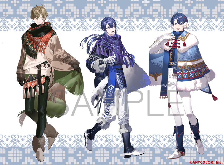 3boys black_gloves black_scarf blue_eyes blue_hair blue_scarf boots brown_coat brown_footwear brown_hair coat ear_mittens full_body fur-trimmed_footwear fur_trim gloves green_eyes green_pants grey_hair harusaki_air male_focus multiple_boys nagao_kei nijisanji official_art oliver_evans pants ponytail purple_hair purple_scarf sample_watermark scarf serita_jon shirt sidelocks smile watermark white_gloves white_pants white_shirt