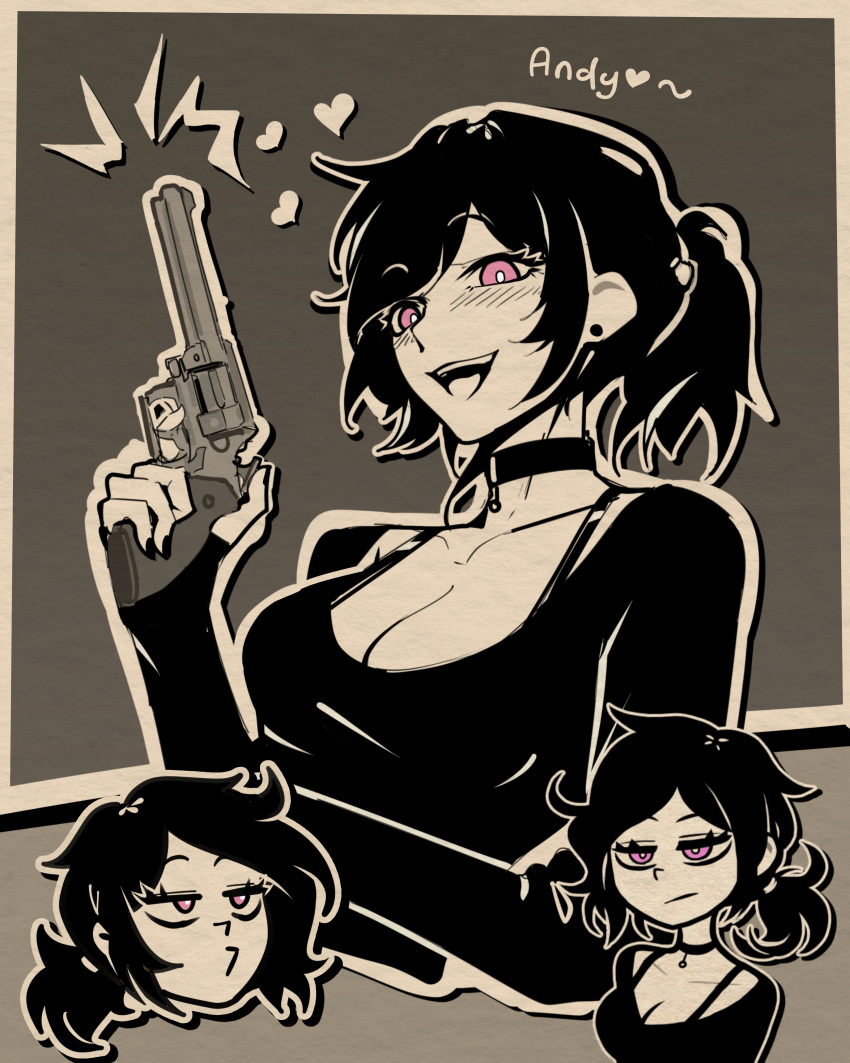 1girl :d absurdres ashley_graves black_choker black_hair black_nails border breasts bright_pupils choker cleavage commentary cropped_torso earrings english_commentary gun half-closed_eyes hand_up highres holding holding_weapon jewelry khrnnfz long_hair looking_at_viewer medium_breasts multiple_views nemlei nemlei_(style) o3o pink_eyes reference_inset revolver shirt smile stud_earrings the_coffin_of_andy_and_leyley weapon white_border white_pupils